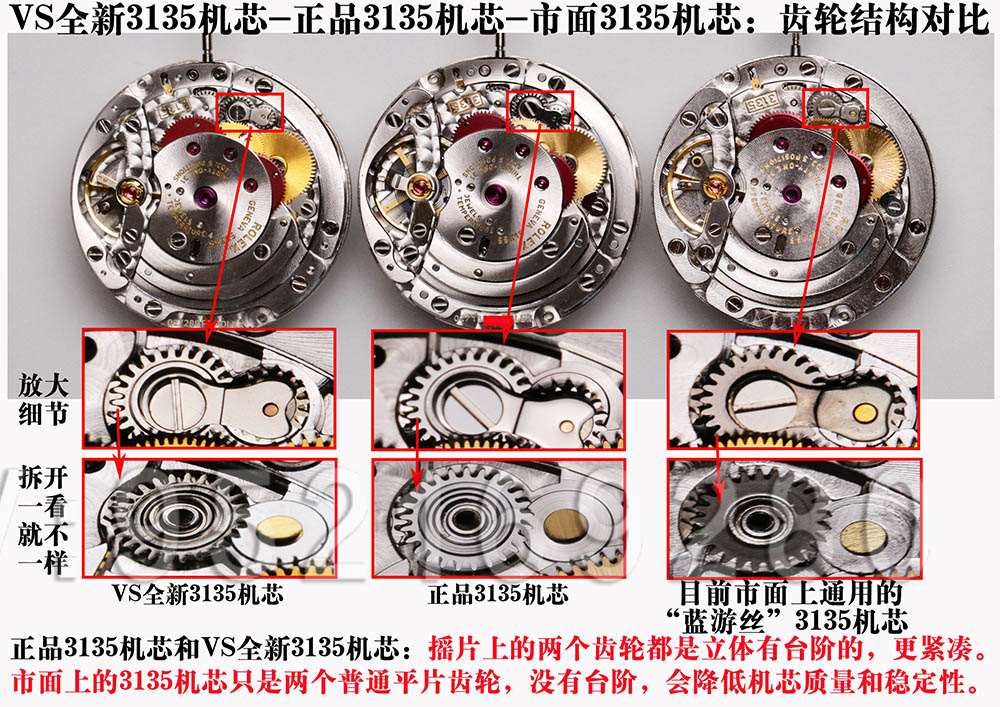 VS廠超級「復(fù)刻3135機芯」最全機芯拆解對比正品藍游絲圖文評測